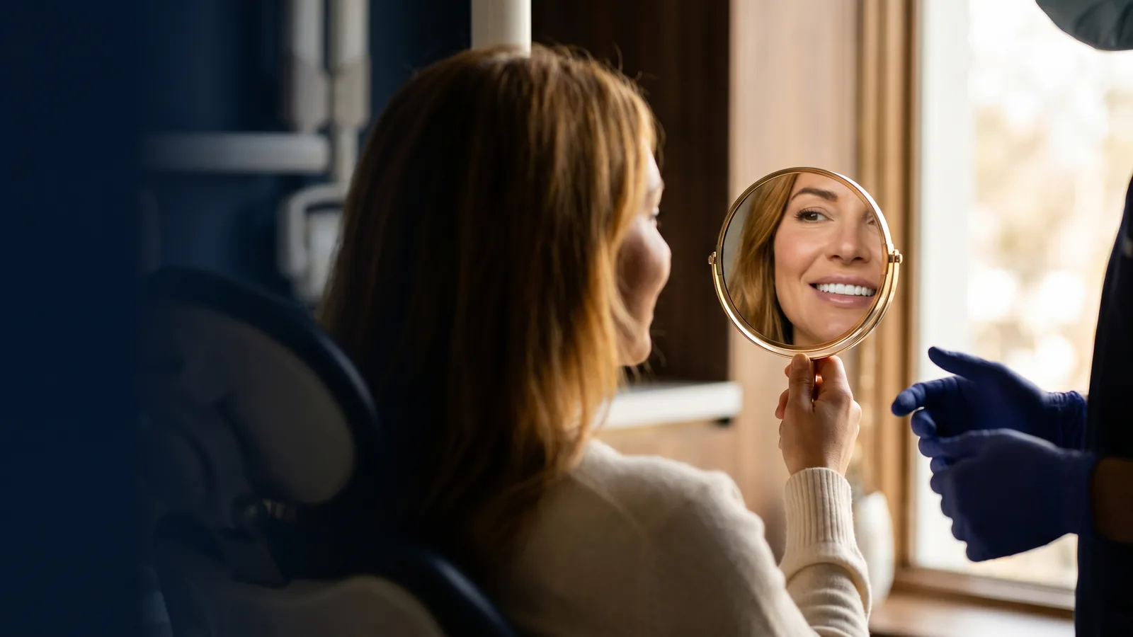 Patient viewing her trial smile in a handheld mirror at the Scottsdale operatory